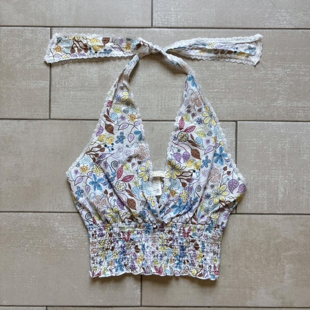 Charlotte Russe White Floral Halter Smocked Crop Top with Multicolor Print